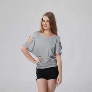 Detail view of a grey cold shoulder batwing sleeve T-shirt for a casual summer style