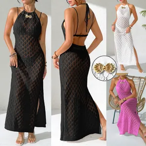 Vues détaillées de la robe de plage au crochet avec boucle coquillage et dos nu
