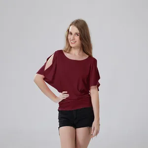 Burgundy cold shoulder batwing sleeve T-shirt for women, casual round neck plus size top.