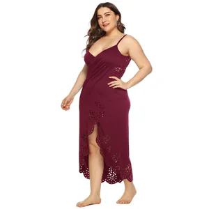 Plus size burgundy laser-cut hollow beach cover-up irregular camisole dress