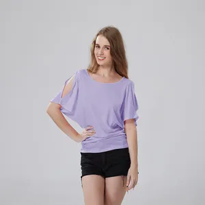 Casual light purple cold shoulder batwing sleeve T-shirt for women shown on model