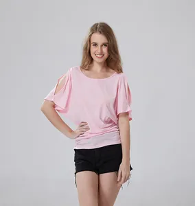 Detailed view of women's pink cold-shoulder batwing sleeve plus size t-shirt shown on model