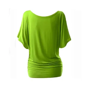Detail of lime green off-shoulder batwing sleeve plus size t-shirt showing fabric texture