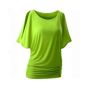 Vibrant neon green women's cold shoulder batwing sleeve T-shirt featuring a ruched hem detail