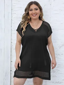 Women Plus Size Crochet Beach Cover-up Deep V-Neck Tassel Hollow-out Knitted Dress Bikini Smock Vacation Top