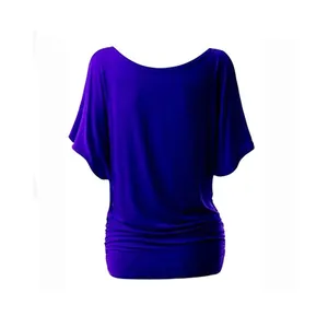 Detailed view of royal blue batwing sleeve off-shoulder top with elegant ruched hem design