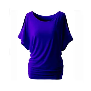 High quality detailed view of a purple cold shoulder batwing sleeve crew neck top for women.