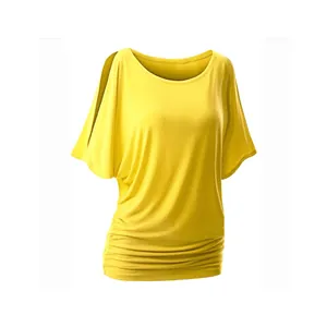 Detailed front view of vibrant yellow cold shoulder batwing sleeve T-shirt for women