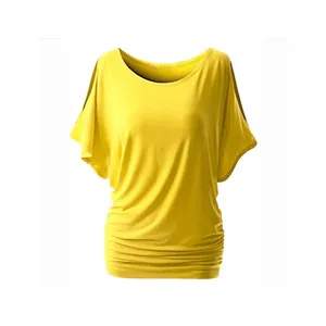 Yellow women's cold shoulder T-shirt with batwing sleeves and ruched hem detail