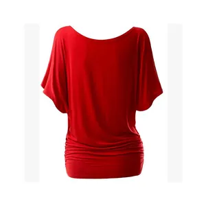 Detailed view of vibrant red off-shoulder batwing sleeve T-shirt for plus size women