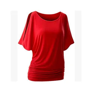 Detailed view of red plus size batwing sleeve T-shirt featuring a cold shoulder design