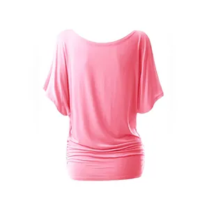 Detailed back view of pink off-shoulder batwing sleeve T-shirt with elegant ruched hem detail