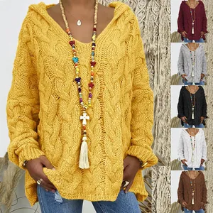 Suéter de Mujer Oversize de Punto de Ochos Con Capucha Cuello en V Manga Larga Grueso Acrílico Color Sólido Casual Streetwear Parte Superior