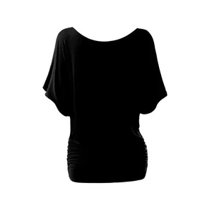 Close-up front view of a black women's batwing sleeve off-shoulder t-shirt with pleated hem