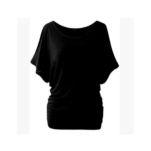 Close-up of a black plus size t-shirt with off-shoulder batwing sleeves and side ruching.