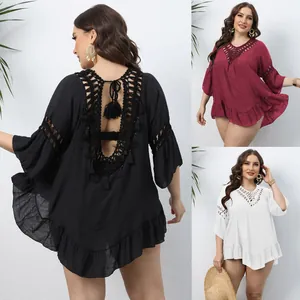 Robe de Plage Sexy Grande Taille pour Femmes Patchwork au Crochet Dos Nu Volants Manches Évasées Col en V Polyester Haut de Vacances