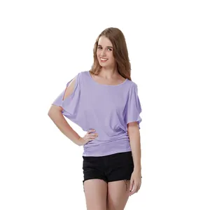 Casual women's plus size purple T-shirt featuring cold shoulder and batwing sleeve design