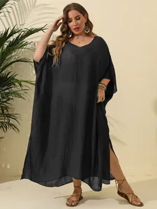 Robe de plage caftan grande taille noire élégante avec fentes latérales stylées