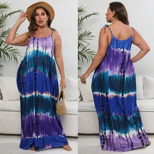 Front and back view of a colorful tie-dye plus size maxi dress with tied straps