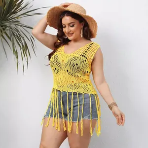 Plus size yellow crochet beach cover up vest with sexy hollow out pattern and long fringe