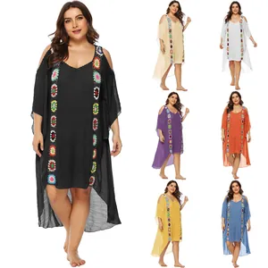 Cubre Traje de Baño de Playa Tallas Grandes Mujer Patchwork de Crochet Hombros Descubiertos Vestido Dobladillo Irregular Bikini Coverup Poliéster