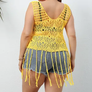 Plus size yellow crochet hollow-out beach cover-up vest with long fringe tassels