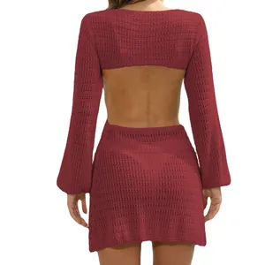 Sexy burgundy backless crochet beach cover-up mini dress with long lantern sleeves