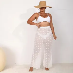 Pantalones de playa sexy de gasa blanca de talla grande con lunares 3D y pierna ancha