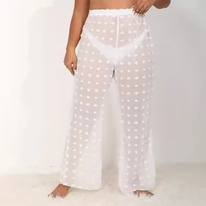 Pantalones de playa de gasa blanca transparente con lunares y pernera ancha