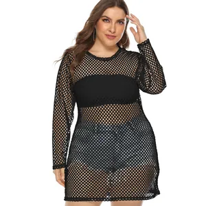 Plus size black fishnet long sleeve beach cover-up dress for women