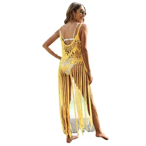 Cubre-bikini de playa de ganchillo amarillo con flecos largos para mujer vacaciones