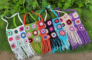 Handmade colorful crochet granny square shoulder bags with fringe tassels in various styles