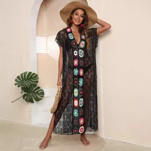 Sexy black lace see-through V-neck cover-up dress with colorful crochet flowers