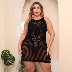 Plus size black sleeveless hollow knit beach cover up dress for women's vacation