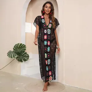 Sexy sheer black lace V-neck maxi dress with colorful crochet flower patchwork detail