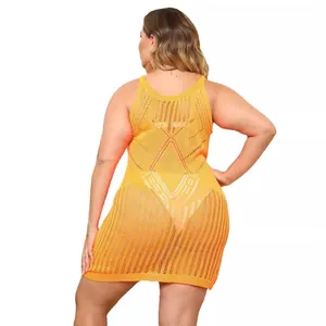 Plus size yellow hollow-out crochet beach cover-up tank dress in high-quality knit