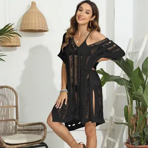 Sexy black deep V hollow out knit beach cover-up dress with side slits for women