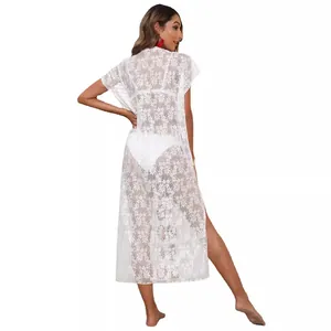 Sexy white sheer lace V-neck beach cover-up dress with intricate floral crochet pattern