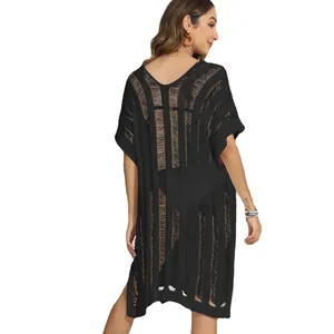Sexy black hollow-out crochet beach cover-up with deep V-neck and side split dress