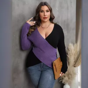 Plus size color-block crossover V-neck ribbed knit sweater for women, autumn style