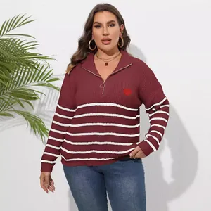 Maglione in maglia bordeaux taglie forti a righe con mezza zip e dettaglio cuore