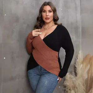 Plus size deep V-neck wrap sweater featuring a stylish color block brown and black design.