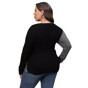 Plus size women's color block patchwork knit sweater in black and grey for autumn