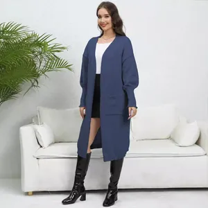 Elegant loose long knitted cardigan with lantern sleeves and double pockets for women