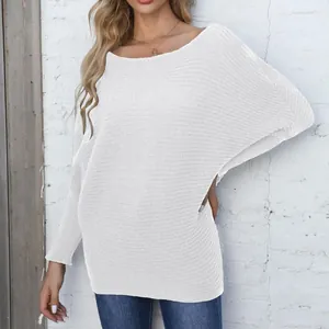 Stylish women's white boat neck batwing sleeve loose knit sweater for casual autumn wear