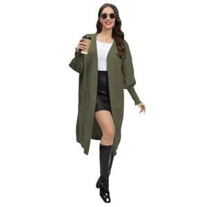 Casual olive green long knit cardigan with lantern sleeves and pockets for women