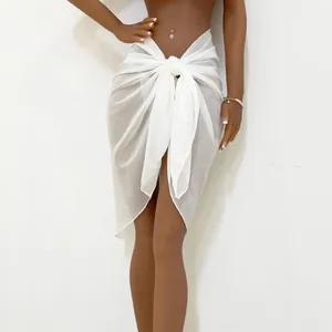Sexy white semi-sheer chiffon one-piece tie-front beach sarong wrap skirt for women