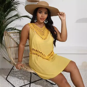 Elegant yellow plus size crochet beach cover-up dress with hollow-out lace design