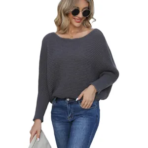 Elegant women's charcoal grey batwing sleeve knit sweater with boat neck and loose fit