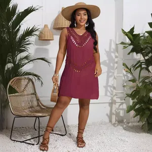 Elegant plus size burgundy crochet splice tank dress for summer beach bikini cover-up
